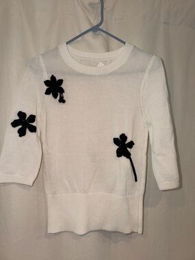 LK Bennett White Knit Crewneck Sweater with Black Floral Appliqués